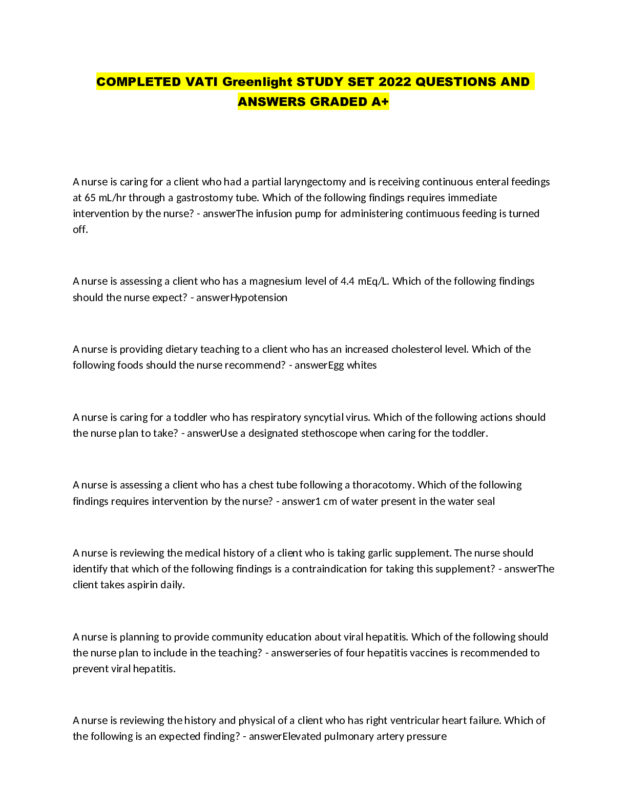 Preview of COMPLETED VATI Greenlight STUDY SET 2022 QUESTIONS AND ANSWERS GRADED A+
